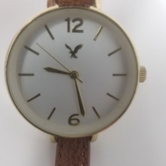 American Eagle Brown Faux Leather White Face Gold Bezel Wrap Around Watch - Picture 2 of 9
